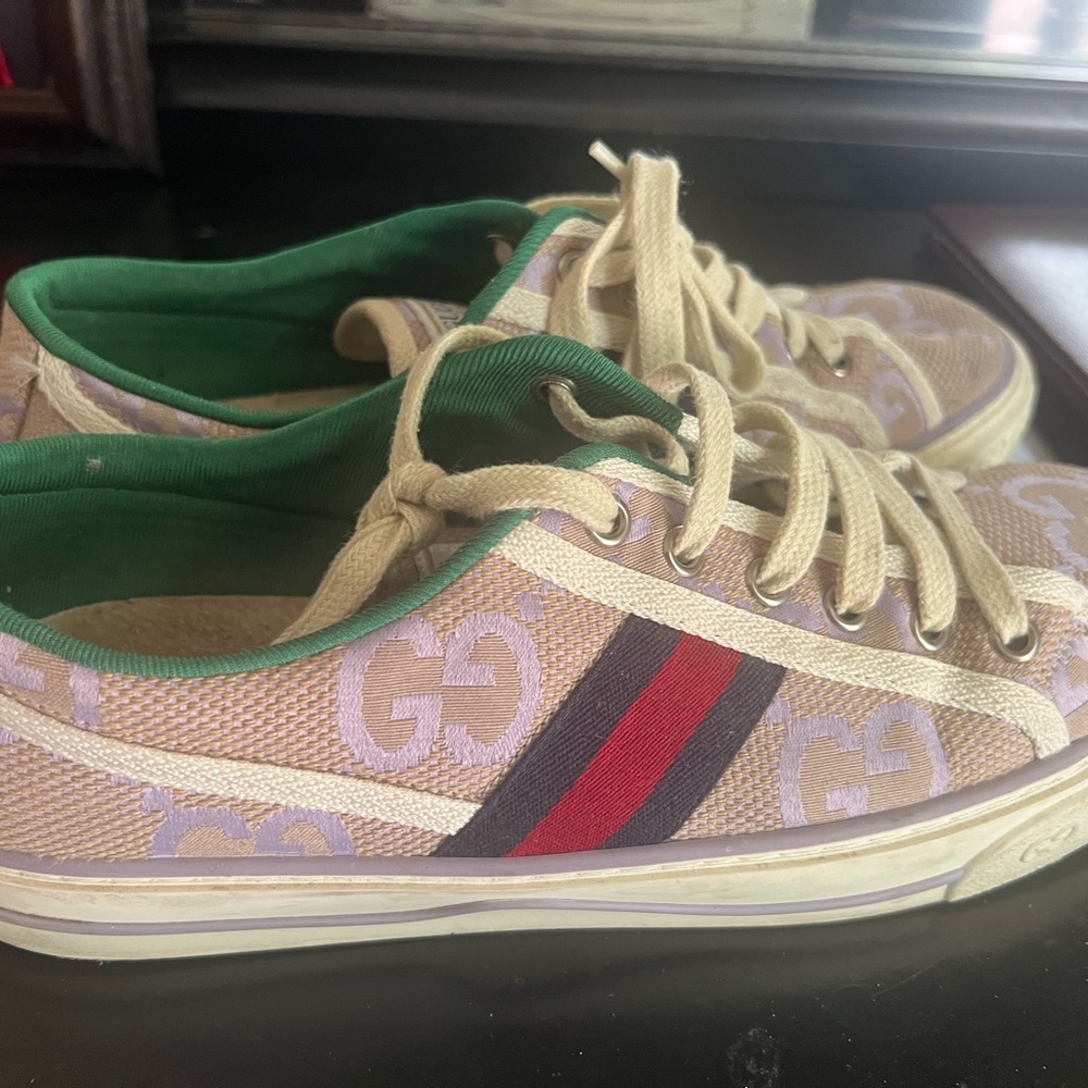 Gucci Beige Canvas Sneakers with Red and Green Accents
